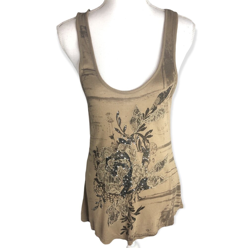 Miss Me Floral Lace Rhinestone Linen Blend Tank Top